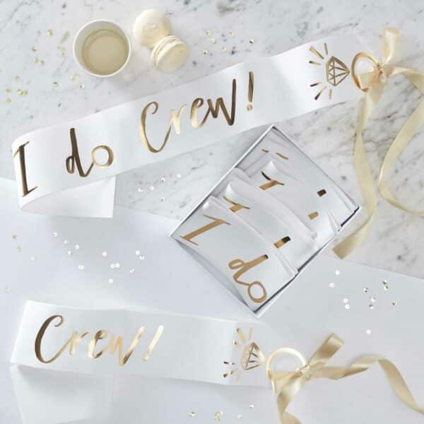 I Do Crew 6 Pack Sashes in White And Gold