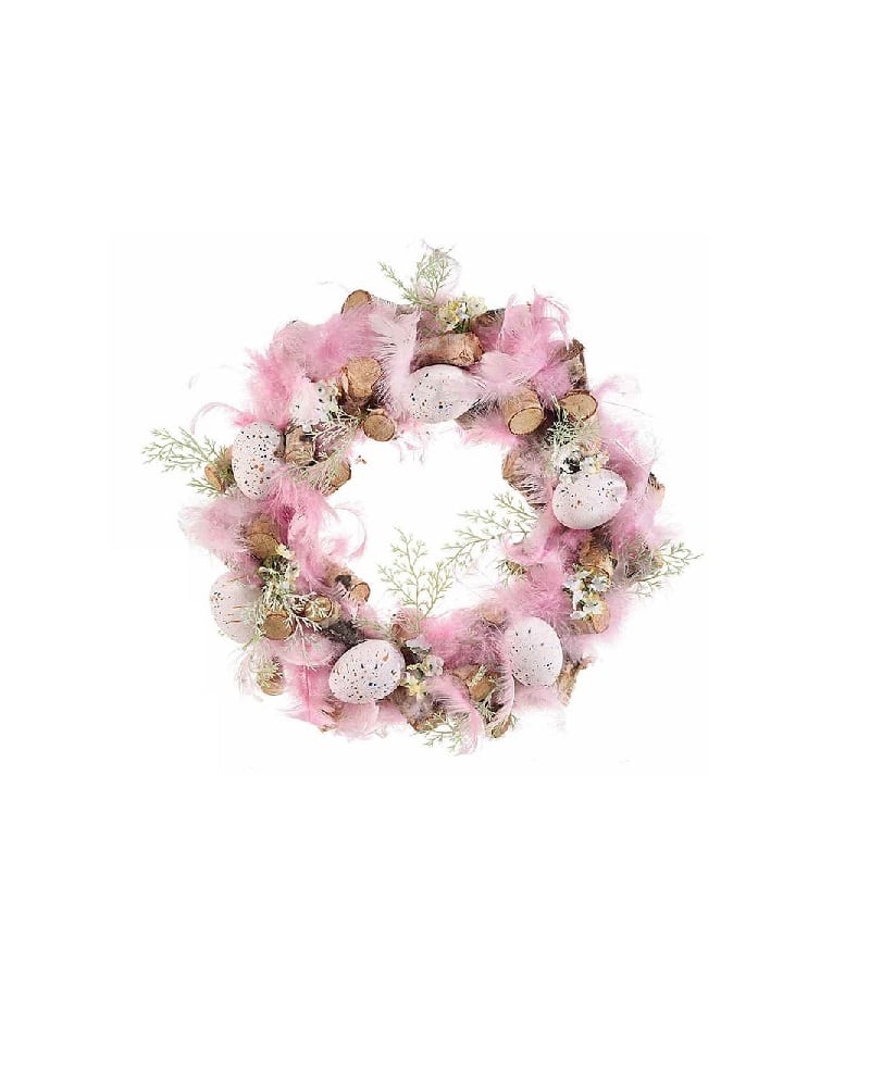 Wholesalers-wreaths-eggs-decorations-feathers_090356.jpg Pink Decorative Wreath With Eggs and Colored Feathers - Image 1