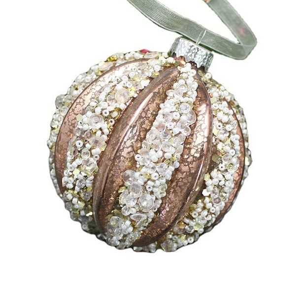 rosegold-e1634401575258.jpg Rose Gold Stripes – Glass Patterned Bauble - Image 1