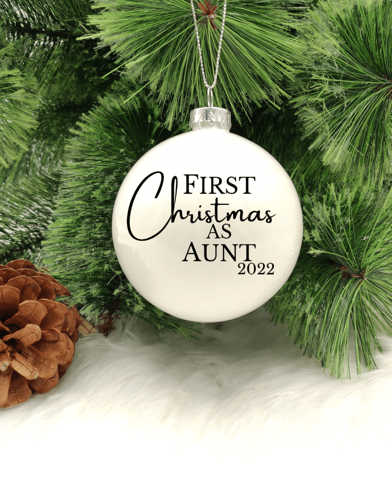 GLSBBLSFIRSTXMASAUNT.png First Christmas As Aunt - 8cm Glass Bauble - Image 1