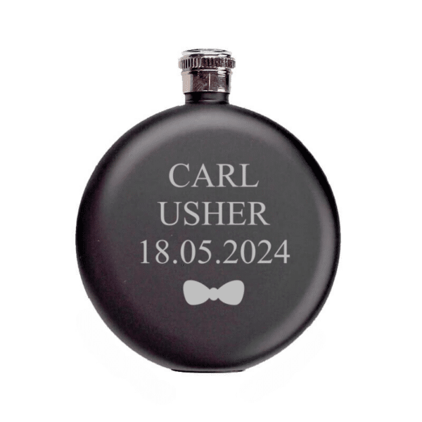 Black Round Flask With Name, Role & Date