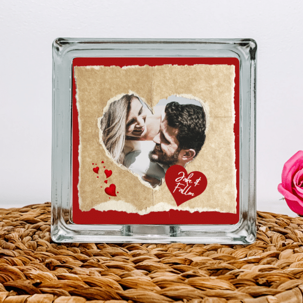 Personalised in a Heart Photo Frame - Glass Block