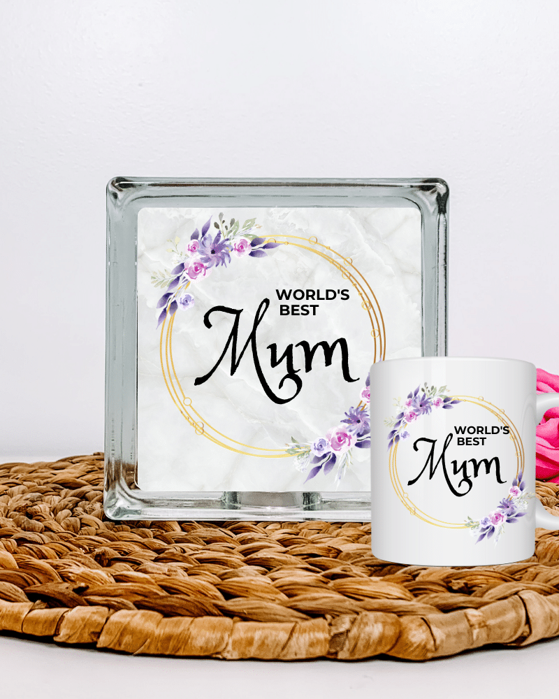 World's Best Mum - Glass Block & Mug Set