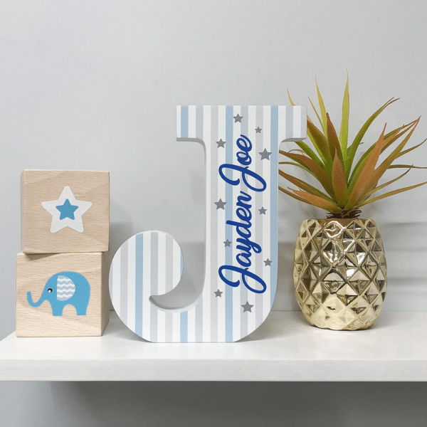 Grey & Blue Stripes - Initial Wooden Letter