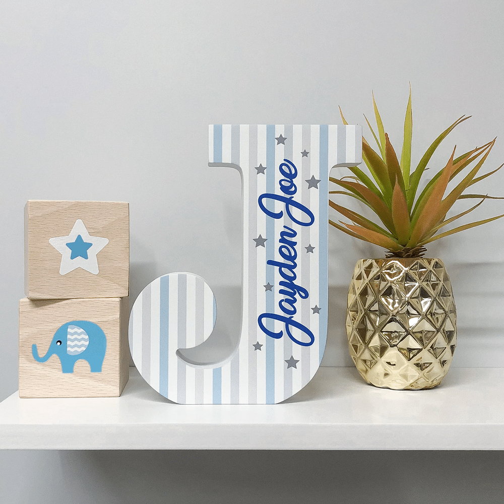 Grey & Blue Stripes - Initial Wooden Letter