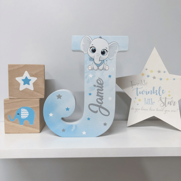 Blue Baby Elephant - Initial Wooden Letter