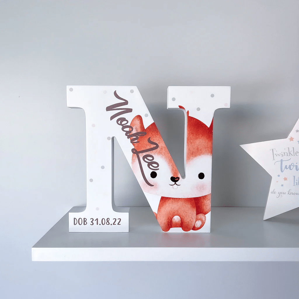 Baby Fox With Date - Initial Wooden Letter
