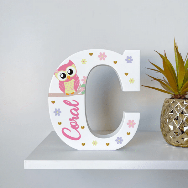 Pink Owl - Initial Wooden Letter