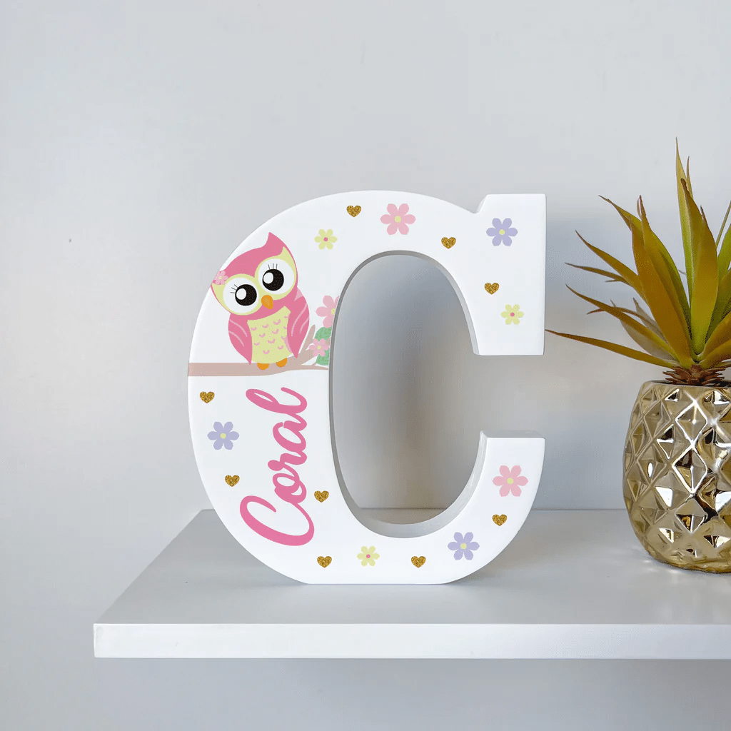 Pink Owl - Initial Wooden Letter