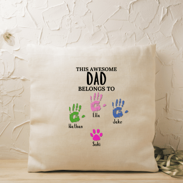 This Dad Belongs To... - Personalised Hand Print Cushion