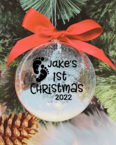 First Christmas with Personalised Name & Tiny Toes - 10cm Acrylic Bauble