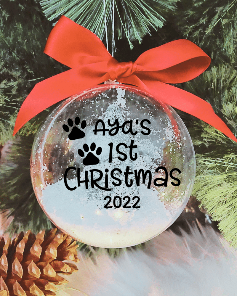 ACRBBLFIRSTXMASPAW.png First Christmas Personalised with Paws - 10cm Acrylic Bauble - Image 1