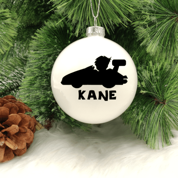 Character Racer Personalised with Name - 8cm Glass Bauble