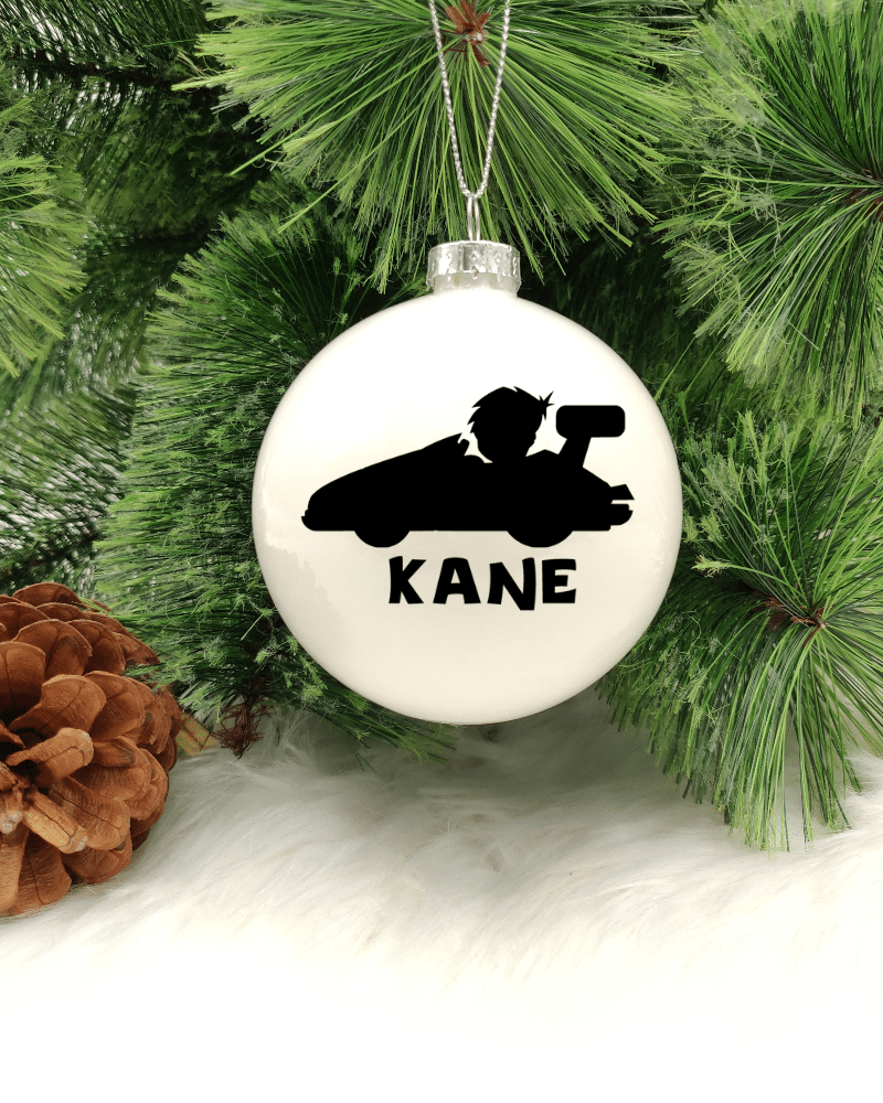 GLSBBLRACERNAME.png Character Racer Personalised with Name - 8cm Glass Bauble - Image 1