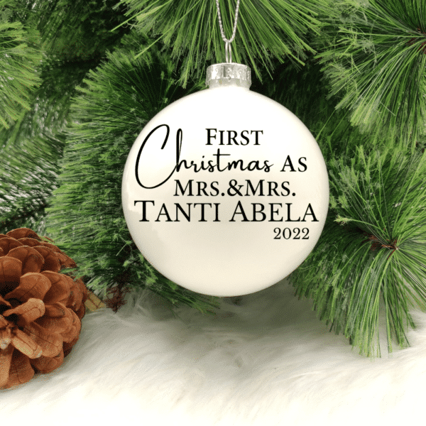 First Christmas Mrs & Mrs Personalised Name - 8cm Glass Bauble