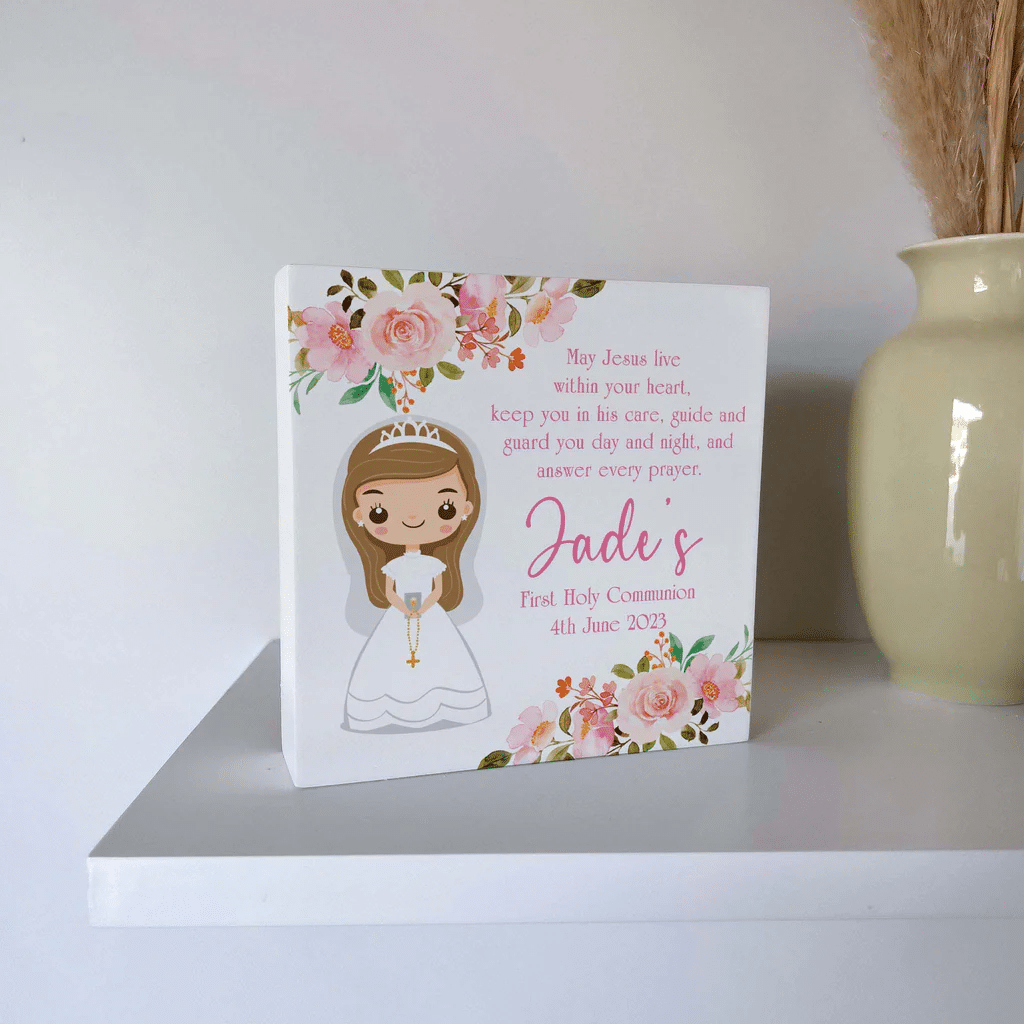 HOLYCOMMBLCKGIRL-15.png Holy Communion Wooden Block - Pink Floral - Image 1