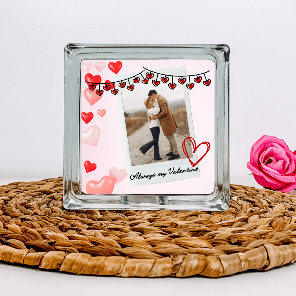 Valentine-s-day-2024-Cushions-Blocks.png Always My Valentine - Personalised with Photo Glass Block - Image 1