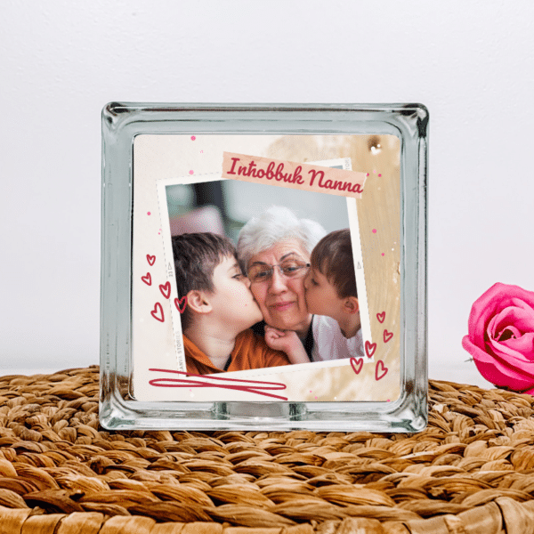 Photo with Red Hearts - Personalised Glass Block