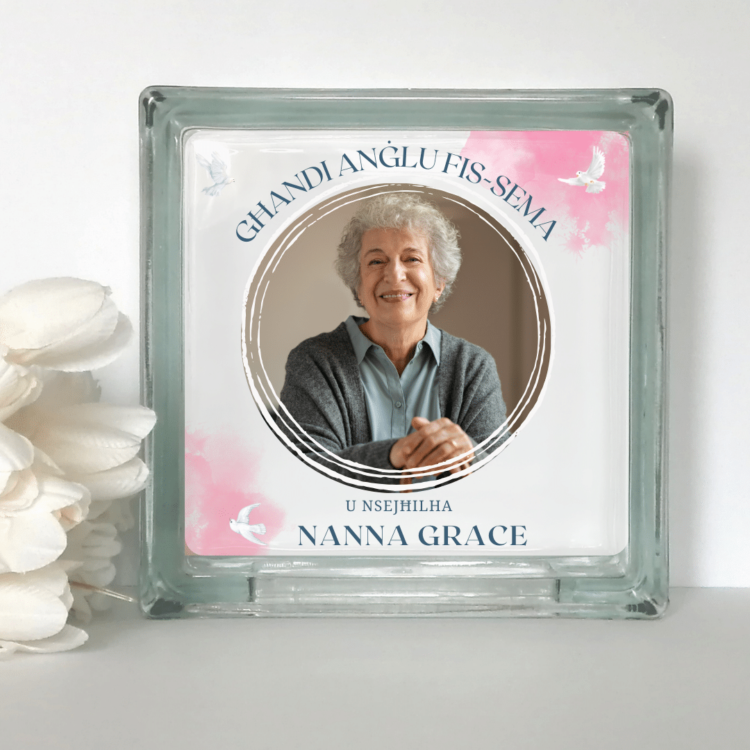 5.png Għandi Anġlu fis-Sema... - Pink Personalised Glass Block - Image 1