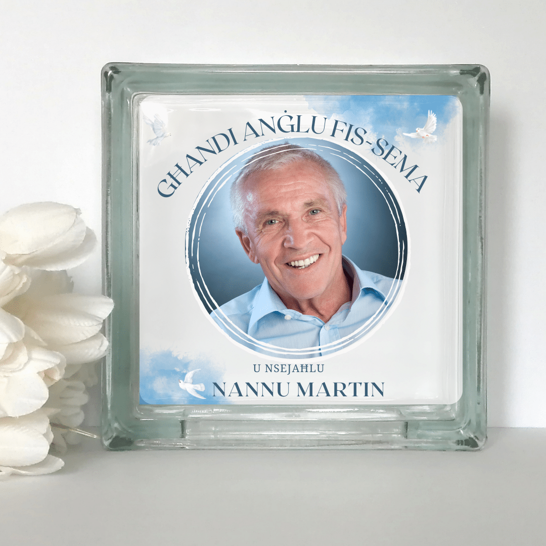 8.png Għandi Anġlu fis-Sema... - Blue Personalised Glass Block - Image 1