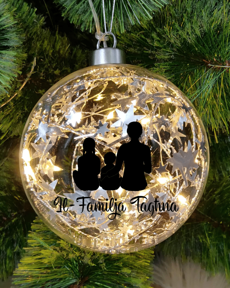 1-2.png Light Up Silver, Personalised Silhouette – 12cm Glass Bauble - Image 1