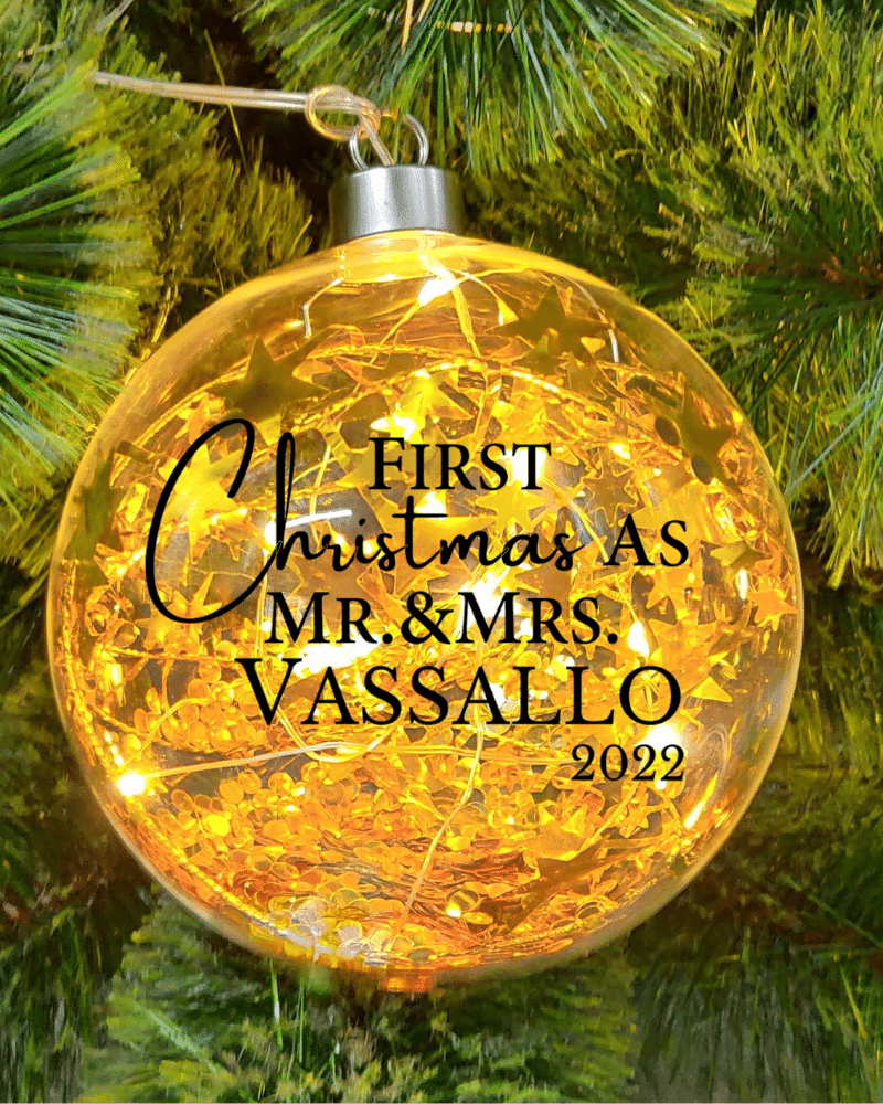 Light Up Gold, Marriage First Christmas Personalised – 12cm Glass Bauble