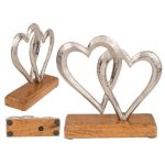 Metal double heart, on wooden base