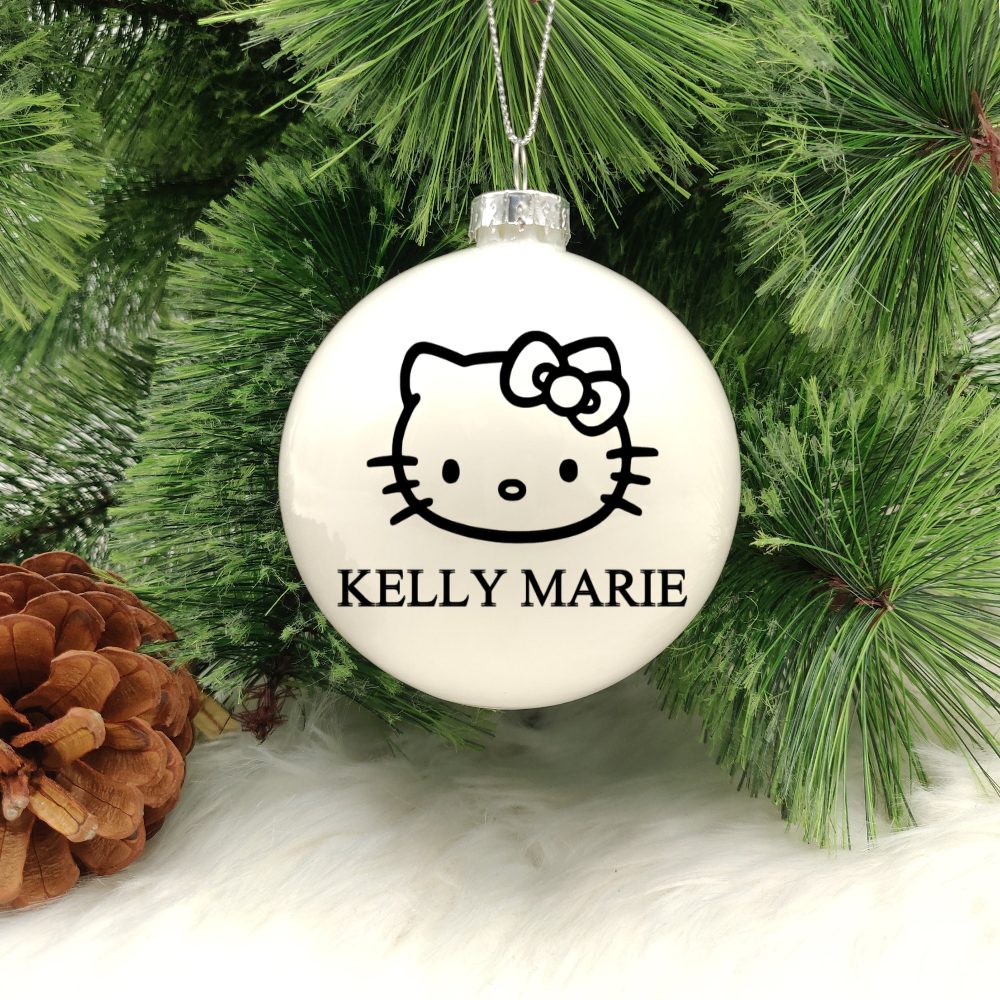 5-2-1.jpg Sweet Kitty Character Personalised with Name – 8cm Glass Bauble - Image 1