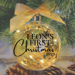 Light Up Gold, Baby's First Christmas Personalised – 12cm Glass Bauble