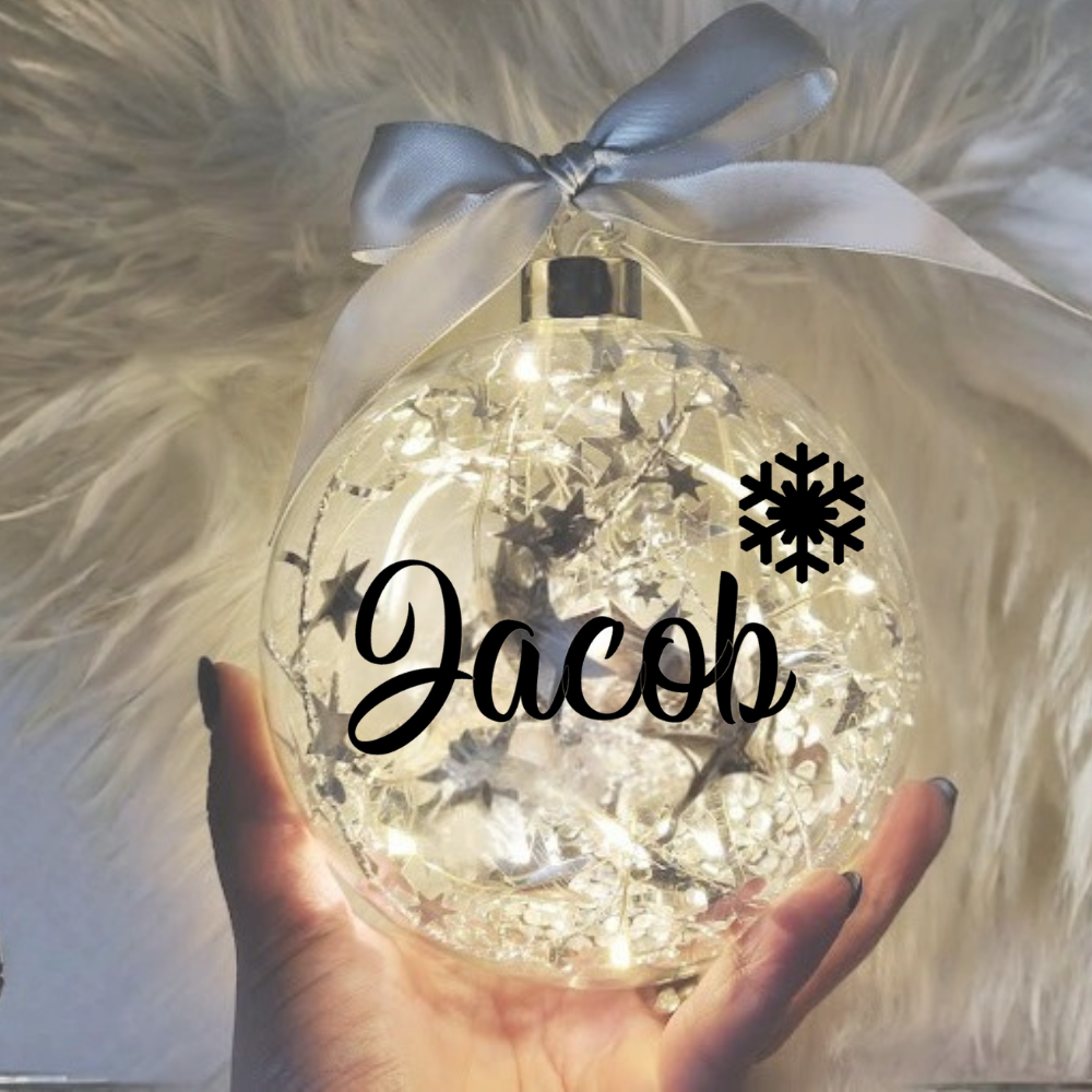 12CM_PERSONALISED_NAME_SILVER.png Light Up Silver, Personalised with Name – 12cm Glass Bauble - Image 1