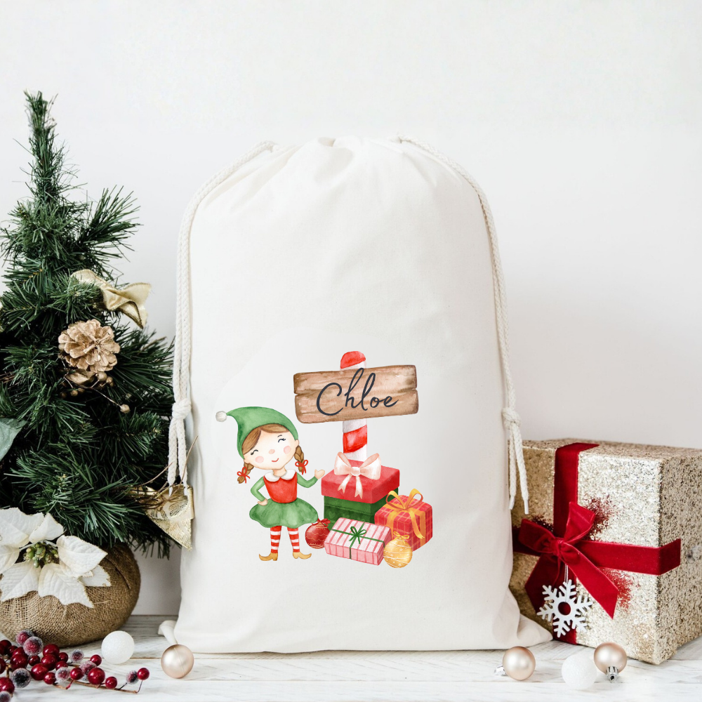 GIRL_ELF_SACK.png Girl Elf - Personalised Christmas Gift Sack - Image 1