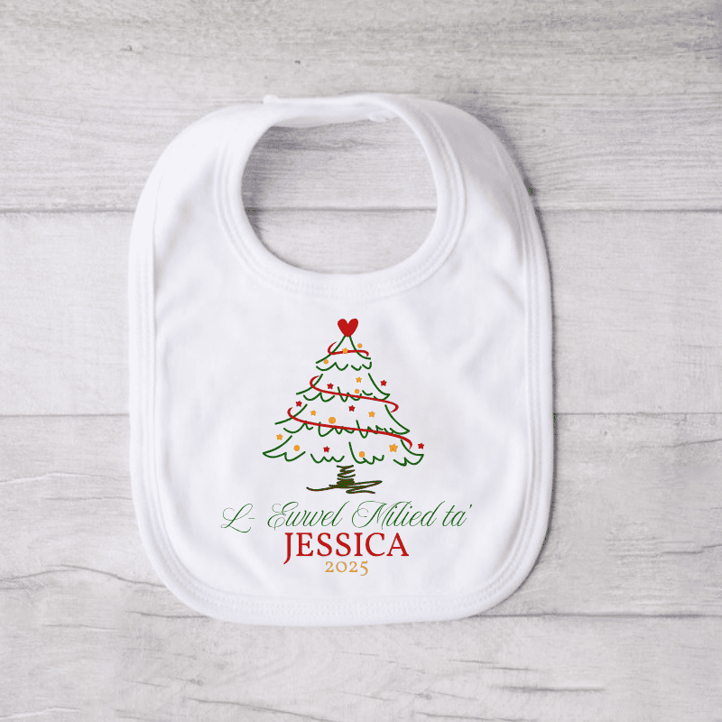 L_EWWEL_MILIED_TREE_BIB L-Ewwel Milied ta' ... Tree - Personalised Christmas Bib - Image 1