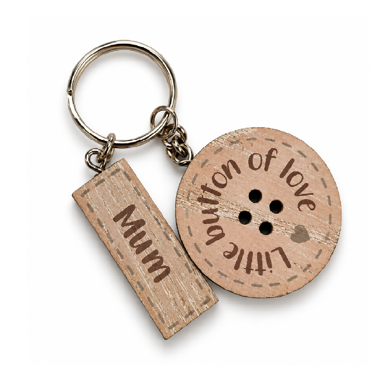 MUM_KEYRING Mum – Little Button of Love Wooden Keyring - Image 1